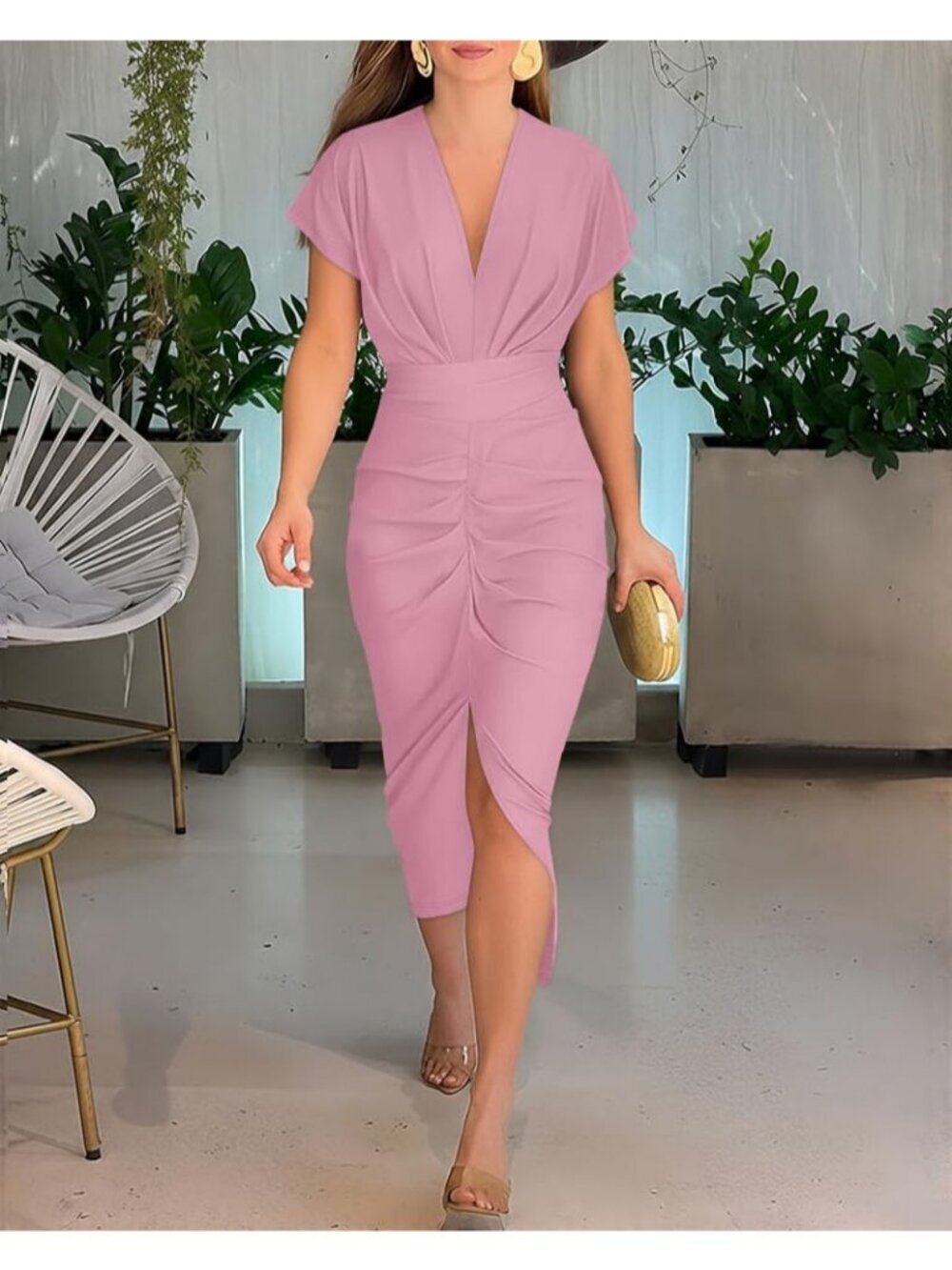Women's Pink Polyester Elastane Floral Print V Neck Slit Bodycon Midi Dress - Picture 5 of 6